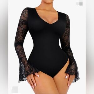 FeelGirl Deep V Neck Bell Sleeve Bodysuit, Tummy Control Thong Lace Shaper